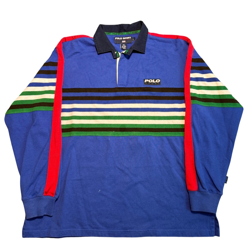Vintage 90s Polo Sport Ralph Lauren Striped Rugby Shirt Blue Mens Large L